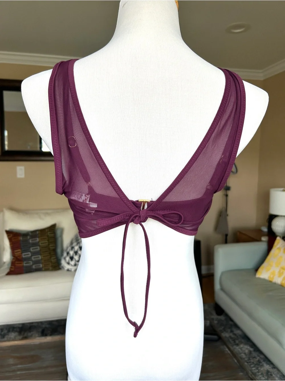 BECCA Muse Mesh-Overlay Multi-Way Bralette Bikini Top Aubergine Deep Purple NWOT - Picture 7 of 12